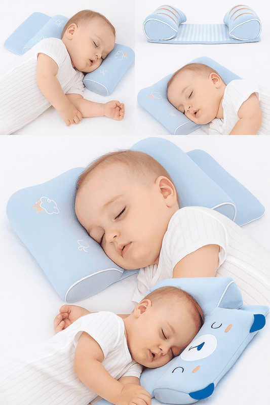 Baby Shaping Head Support Pillow in pastel blue with ergonomic design supporting newborn baby's head and neck for safe sleep