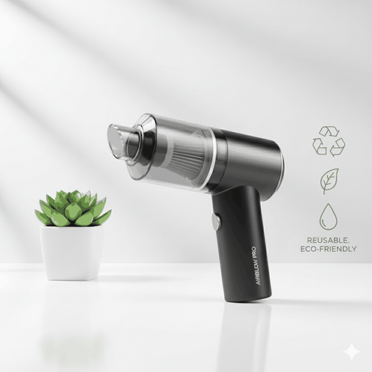AirBlow Pro portable wireless air duster and vacuum cleaner next to green succulent plant on white surface with eco-friendly symbols